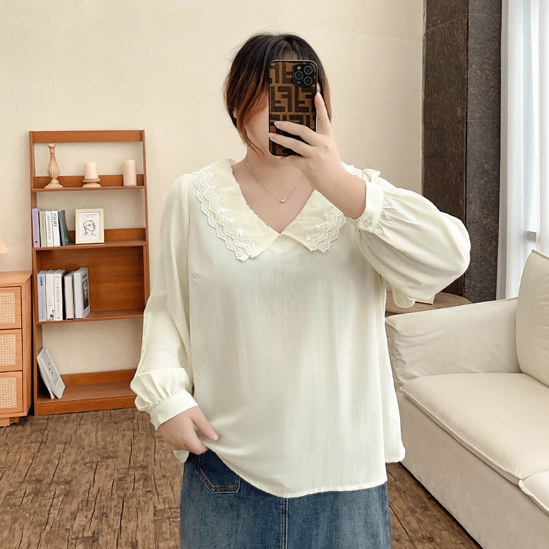 B3246【法式浪漫小衫】微透蕾丝花边领大码气质大码胖mm长袖衬衫女