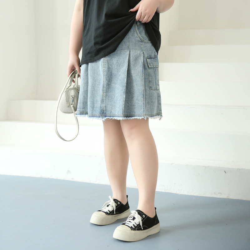 CX5529【原创工装半裙】港风百褶口袋毛边200斤夏季大码牛仔半身裙