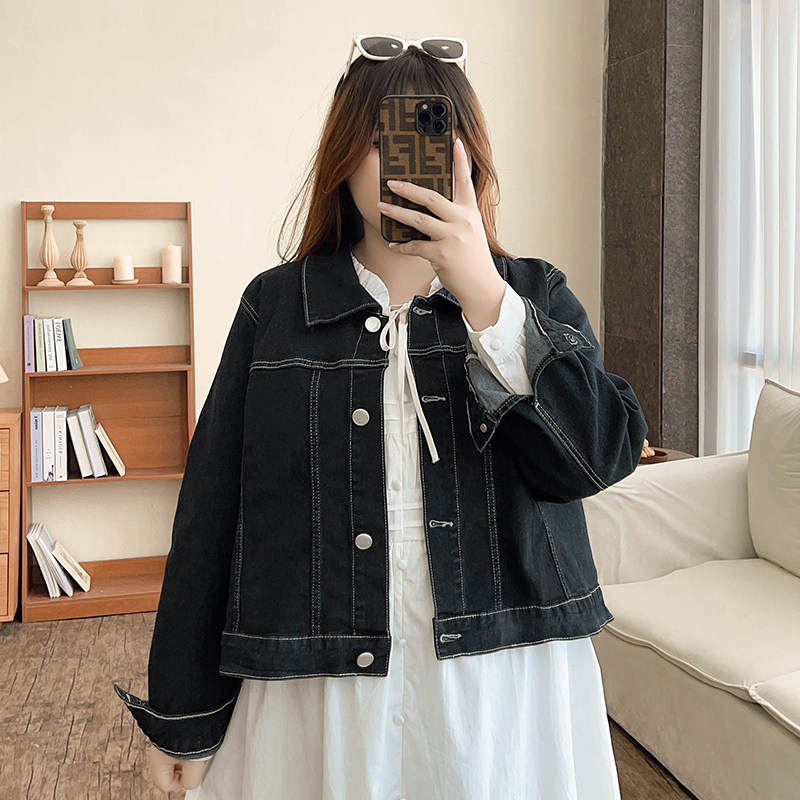 B2865复古韩版翻领明线设计显瘦胖美眉休闲短款牛仔外套港风秋季