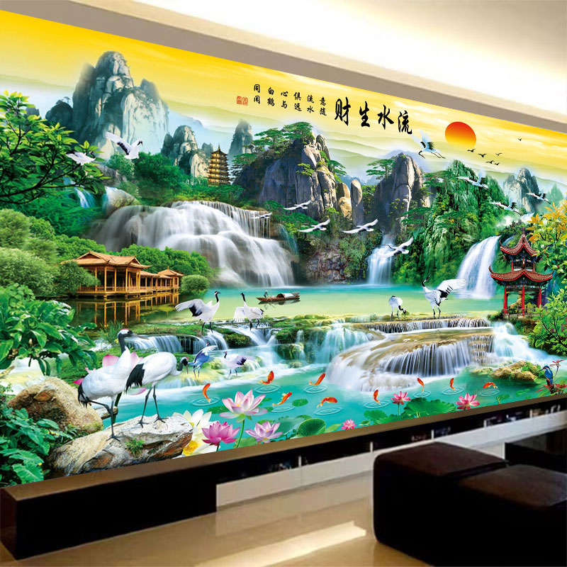 流水生财十字绣2024新款线绣满绣山水画风景客厅挂画手工自己绣