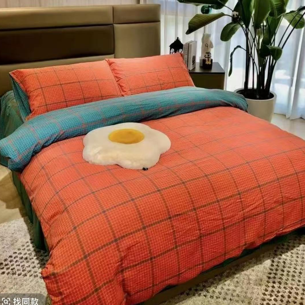 （三件套）色织水洗棉100%棉床单轻奢复古双面简约加厚格子千鸟格