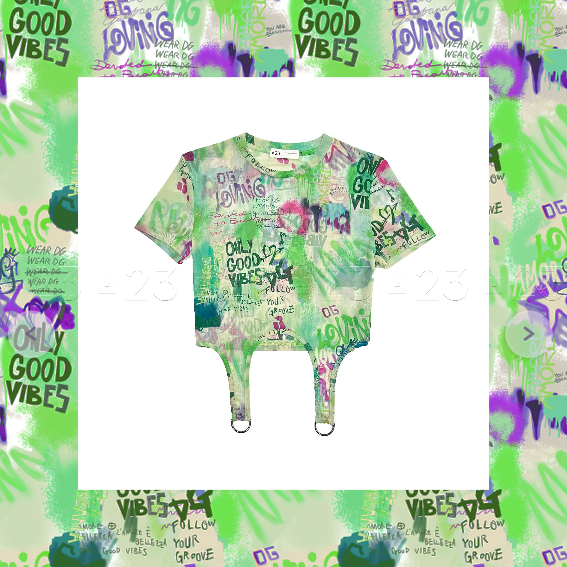 Kenny‘s ±23【双12彩绘】SS24012绿色涂鸦网纱短款圆领T恤