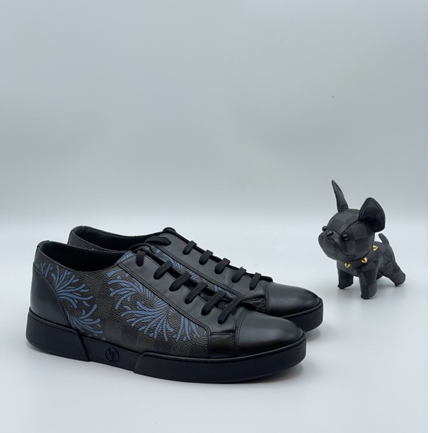 99新 LouisVuitton/路易威登 黑色棋盘格拼接蓝色藤蔓板鞋 41.5码