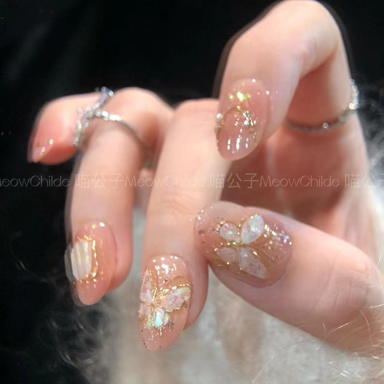 喵公子【昭昭清蝶】【设计师款】纯手工穿戴甲可拆卸美甲光疗甲