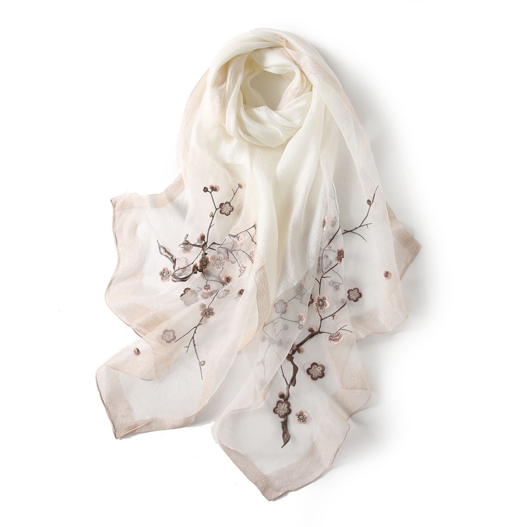 C086 白色 梅花 刺绣桑蚕丝羊毛围巾丝巾披肩通用