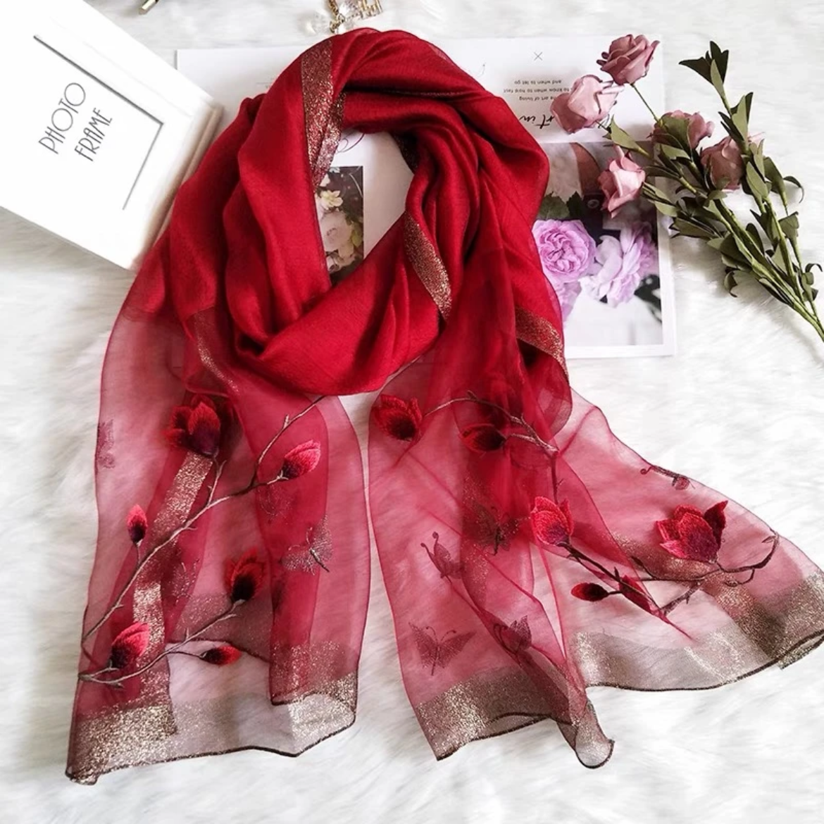 C008 枣红色玉兰花 秋冬款刺绣款桑蚕丝羊毛围巾丝巾披肩75*175