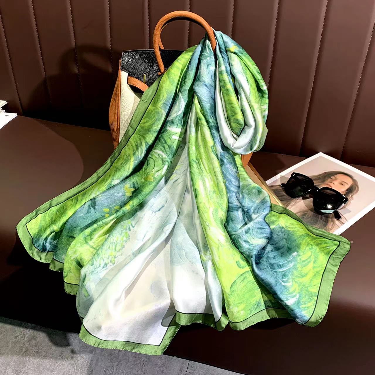 L028# 绿色油画 新款 百搭 丝巾围巾披肩通用90*180cm