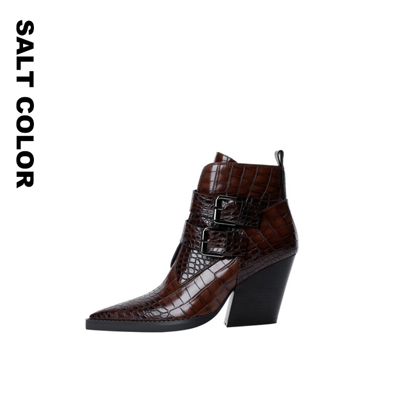【舒淇金晨同款】Saltcolor尖头石头纹粗跟短靴女高跟皮带扣靴