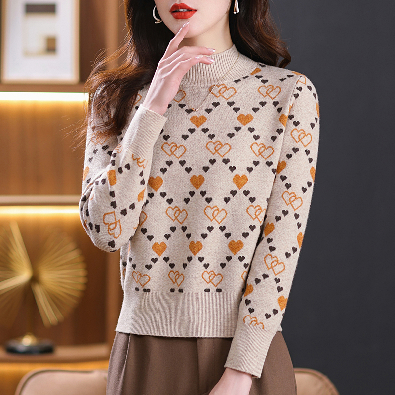 【绵羊毛】洋气2024秋冬女装半高领提花保暖加厚内搭套头打底毛衣