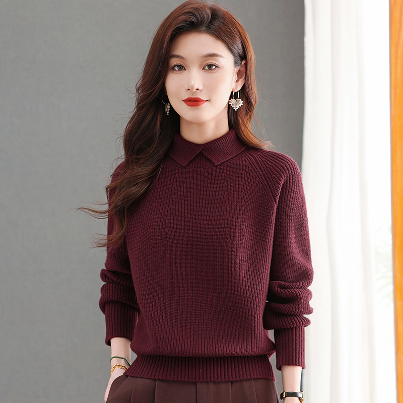 冬季新款厚款翻领保暖针织衫女士秋冬洋气娃娃领打底衫减龄毛衣女