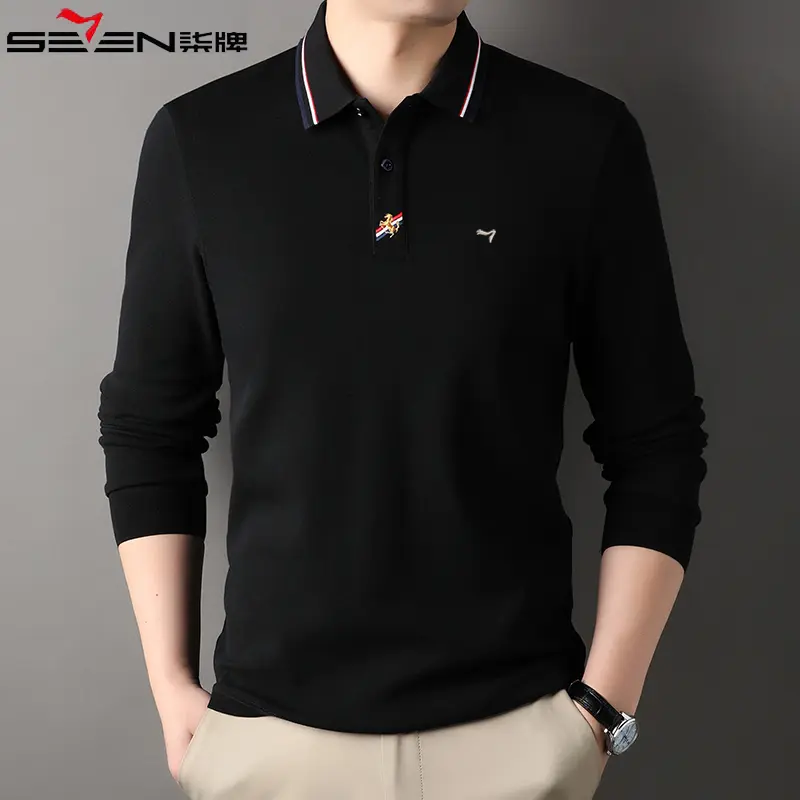 断码柒/牌长绒棉刺绣男士长袖T恤秋冬打底商务休闲翻领时尚男