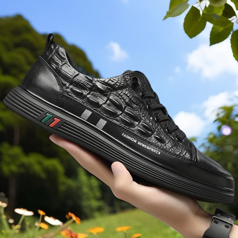 头层牛皮一脚蹬男士休闲板鞋真皮鳄鱼压花舒适百搭男鞋