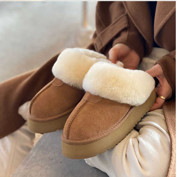 JOJOAUGG韩版秋冬季增高拖鞋牛皮皮毛一体雪地靴厚㡳包头棉拖鞋