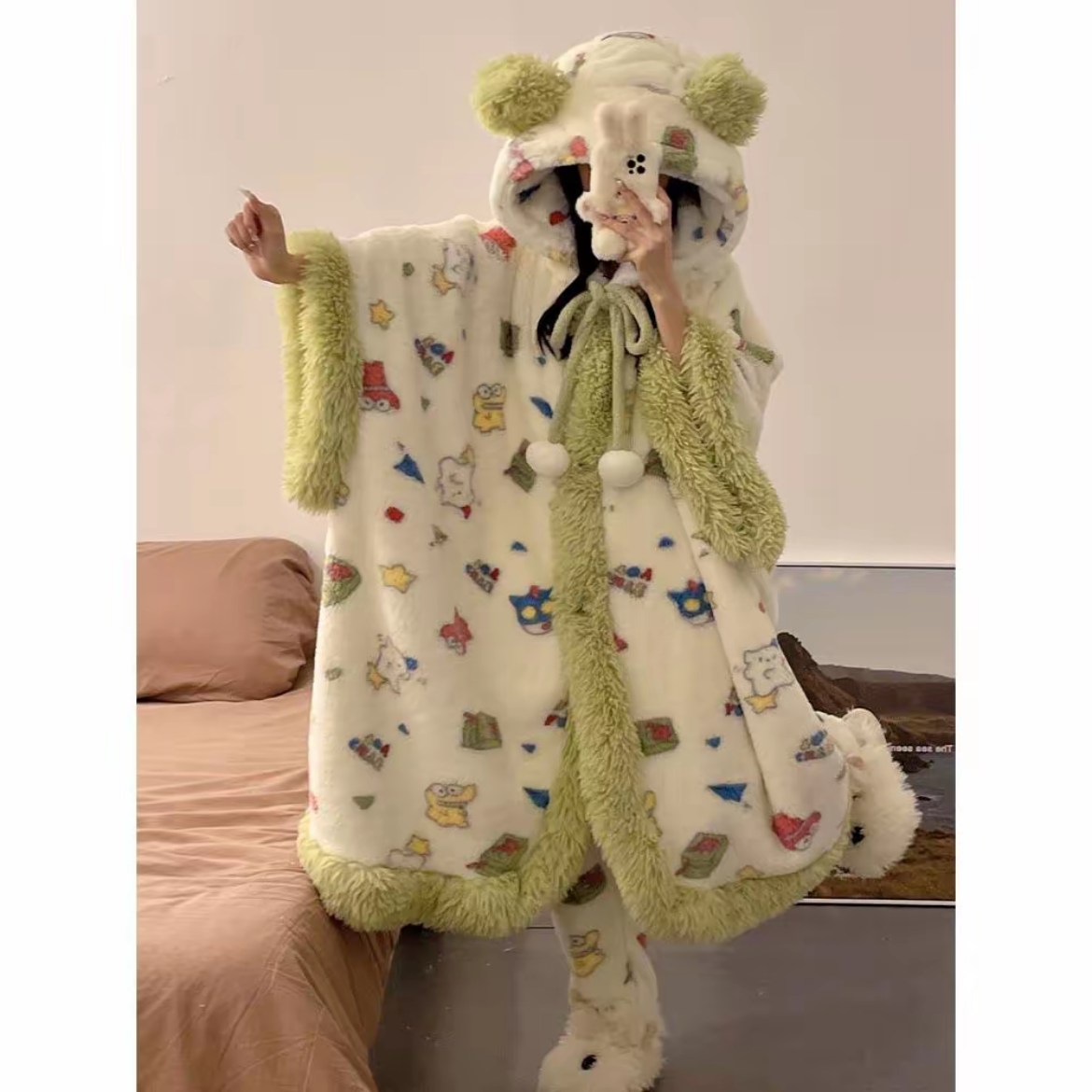 【抹茶蜡笔】冬款斗篷带袖子毛绒睡衣加厚睡衣可外穿韩版网红时尚