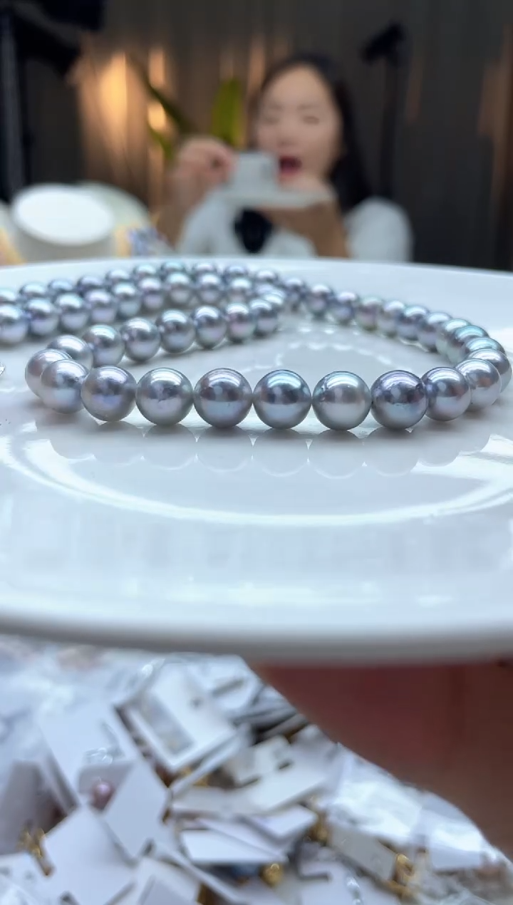 项链未镶嵌海水珍珠2800  7-8mm灰色全珠项链