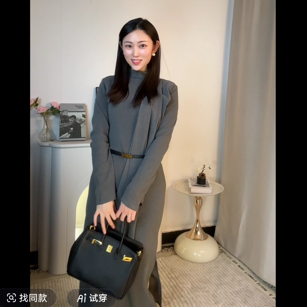 宽松腰连衣裙透气套头款常规长裙立领性感风长袖高腰0032