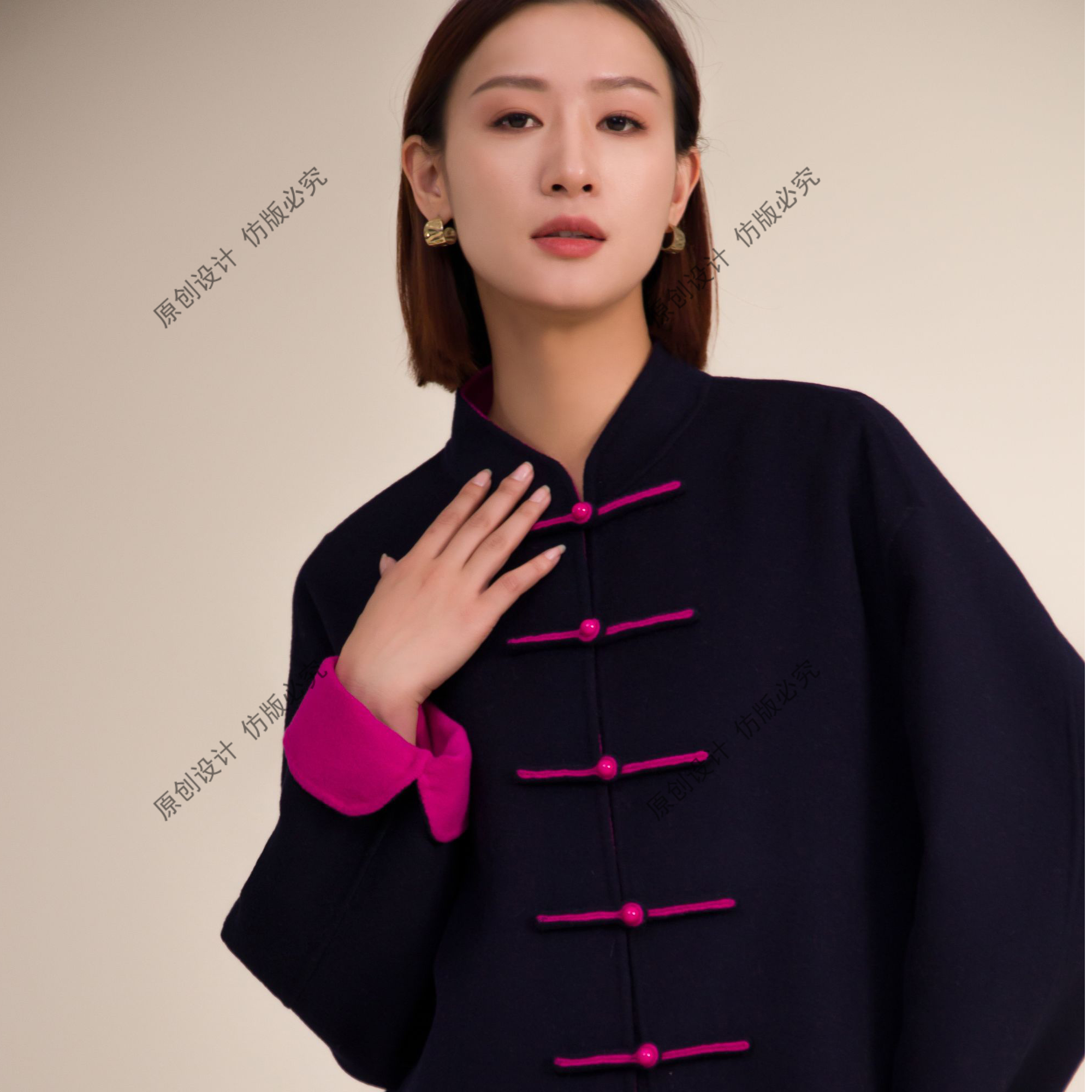 2025新款双面撞色100%美丽诺绵羊毛大衣轻高定新中式国风女装外套