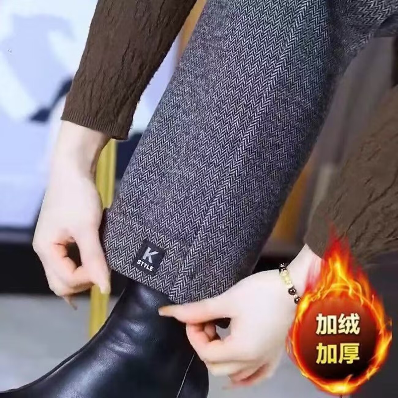 羊毛呢直筒裤加绒加厚九分裤女秋冬宽松小个子妈妈裤高腰中年女裤