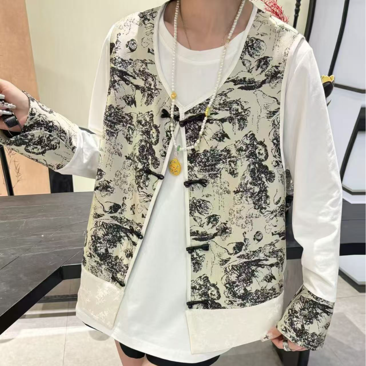 【WJ】春款 9927  国风中式马甲上衣俩件套套装 （3-6）