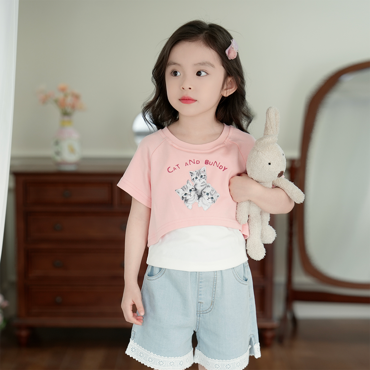 【假两件小猫T】夏装5323女童百搭假两件T恤韩版短袖时尚上衣