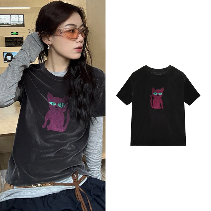 【T恤】复古时髦小众设计减龄显瘦短袖夏季新款百搭圆领上衣Z5847