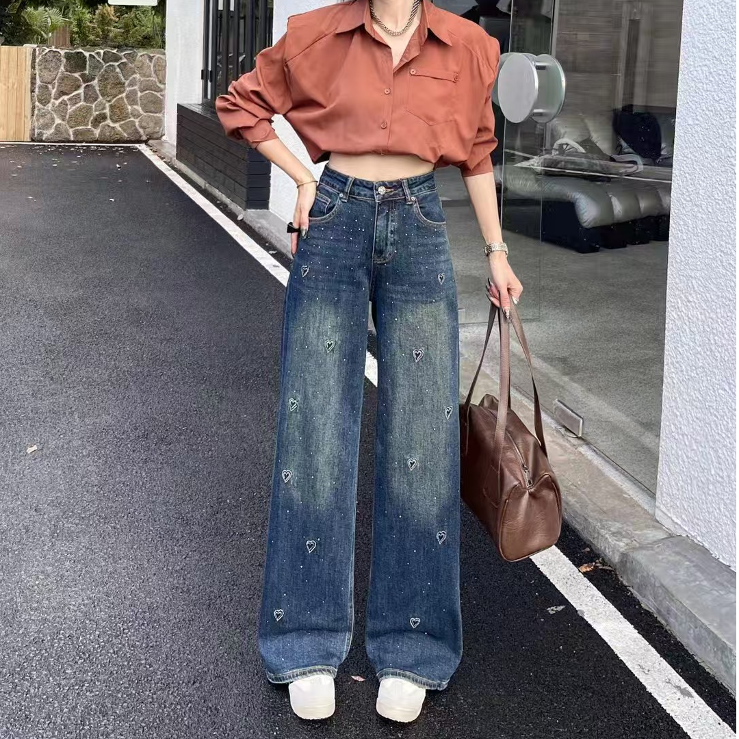 重工刺绣烫钻喇叭阔腿水洗百搭显瘦设计感牛仔裤女蓝色