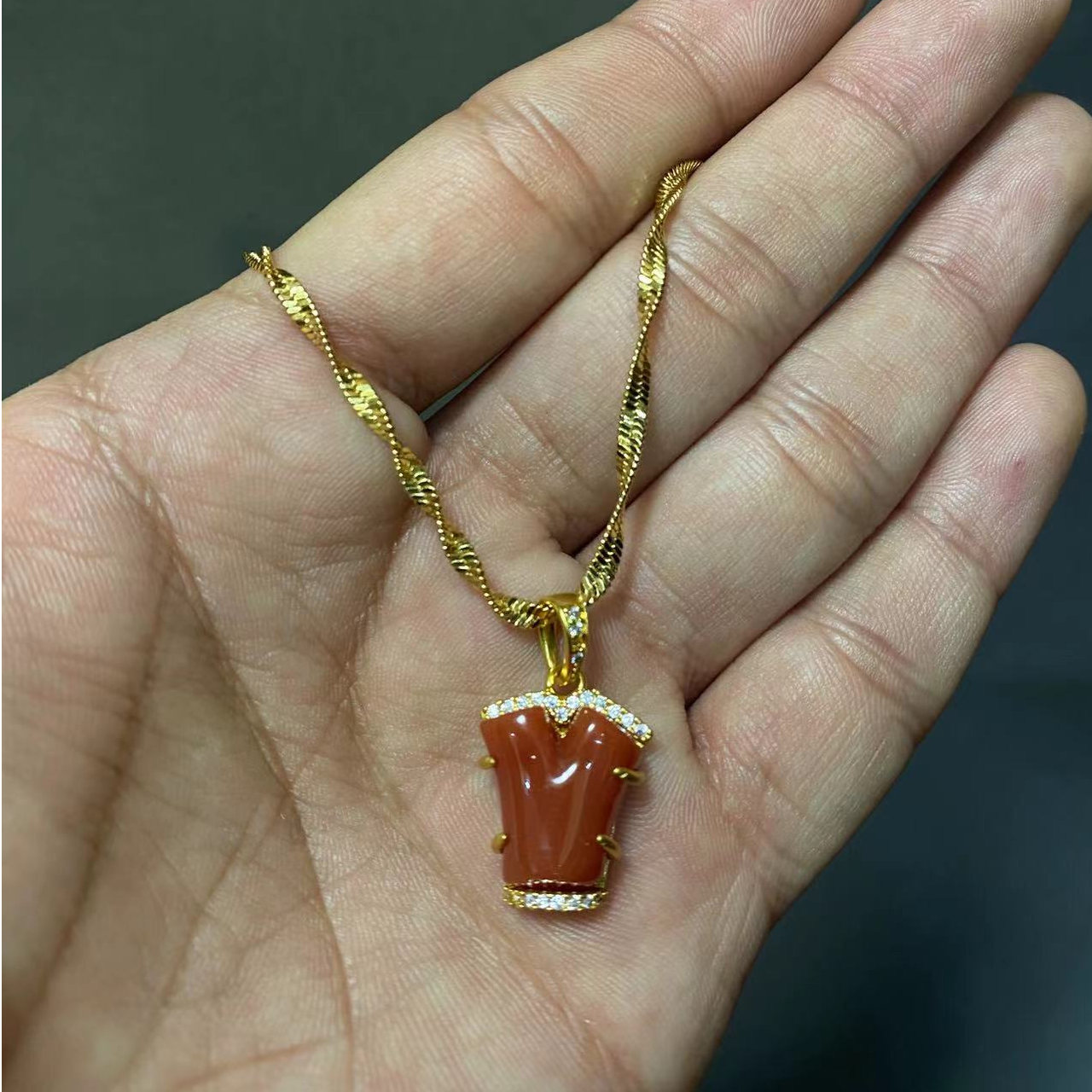 黄铜项链 【西藏包邮】F124 铜镀金项链 民族风红色精致气质坠链