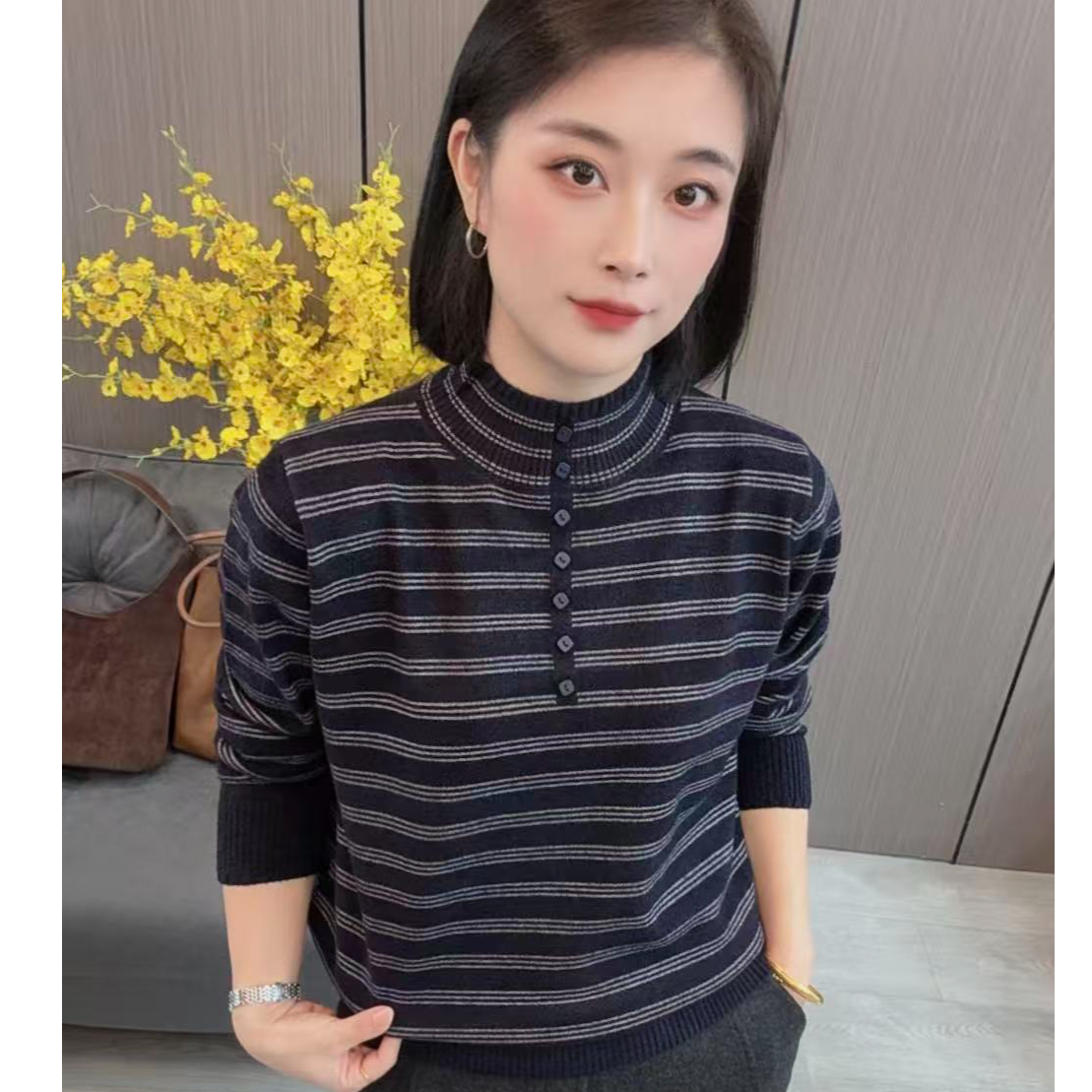 【海片】25761女士休闲时尚冬款半高领条纹韩国绒毛衣针织衫百搭