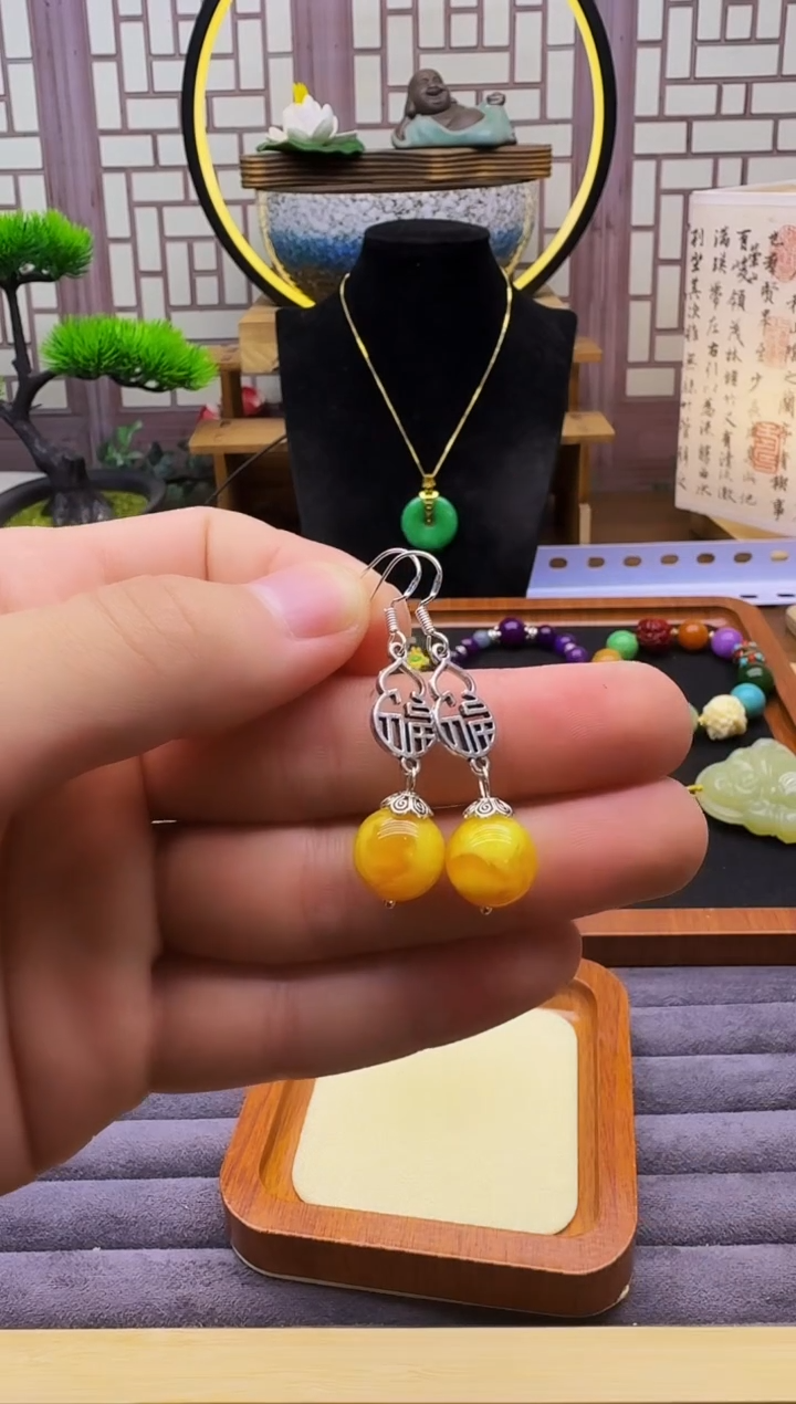 银S925镶嵌蜜蜡耳饰E57