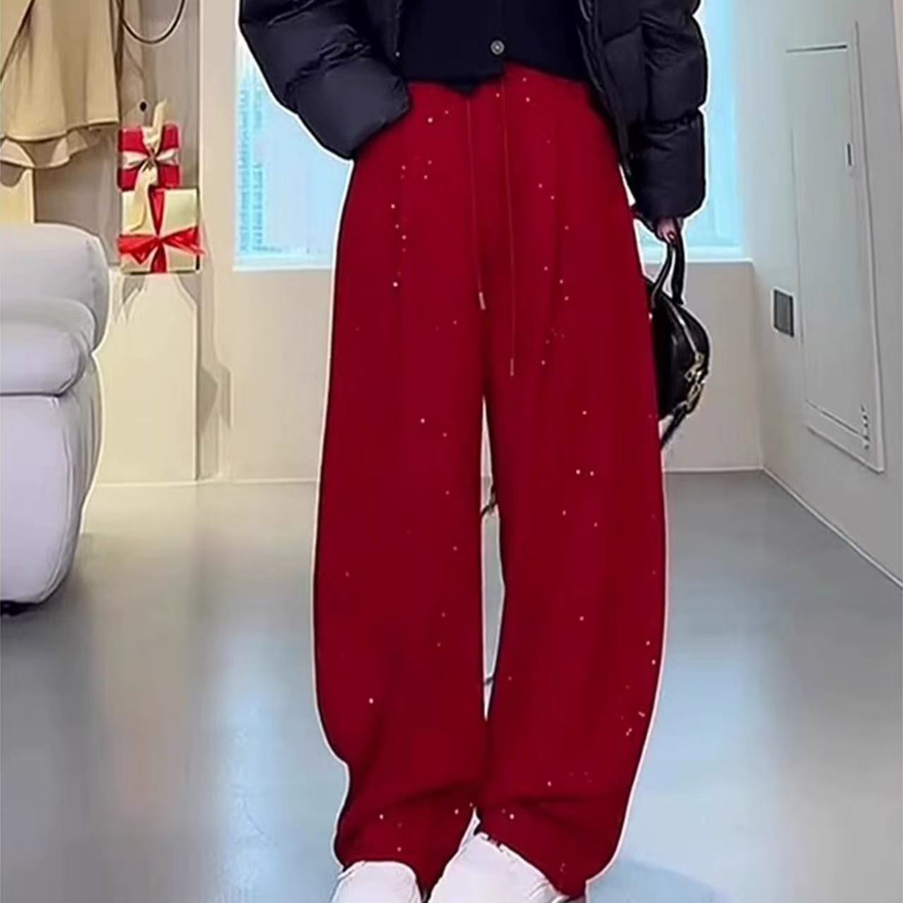 26176 满天星休闲卫裤女2025冬季新款窄版弯刀束脚运动裤加绒XH