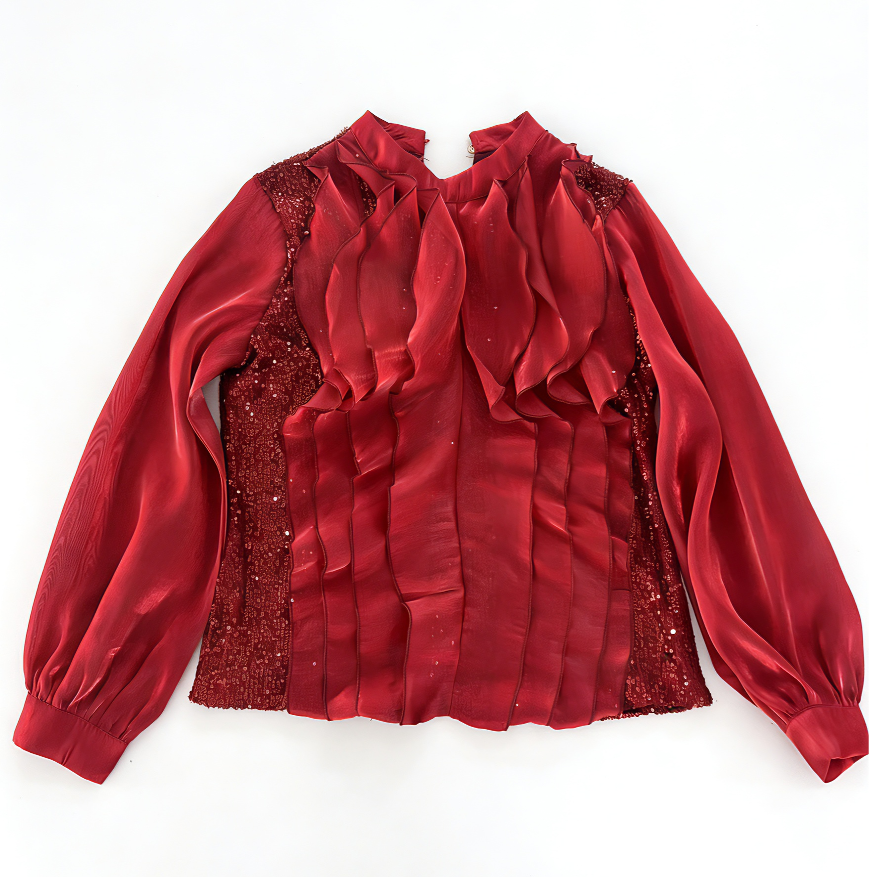 1126常规款V领复古上衣女装长袖泡泡袖气质拼接薄款衬衣