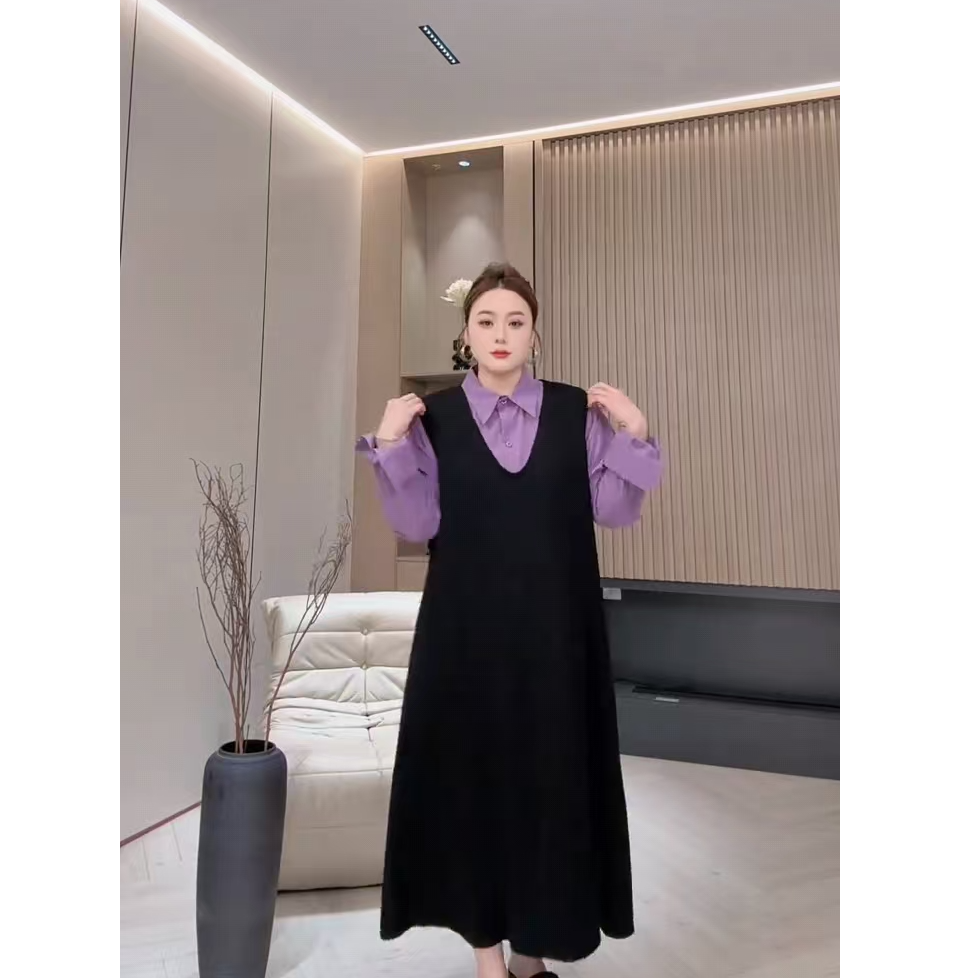 绒感宽松衬衫针织马甲裙两件套女巨显瘦早秋穿搭一整套装699687