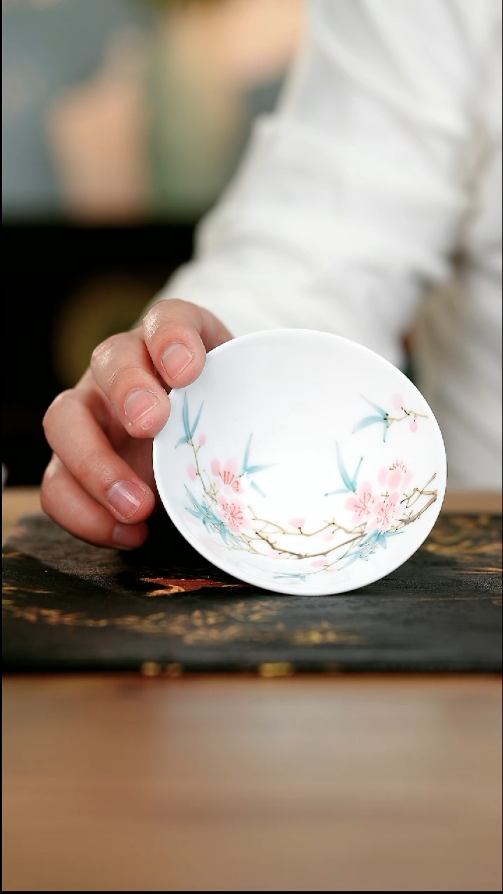 8-18手工手绘桃花斗笠内绘杯