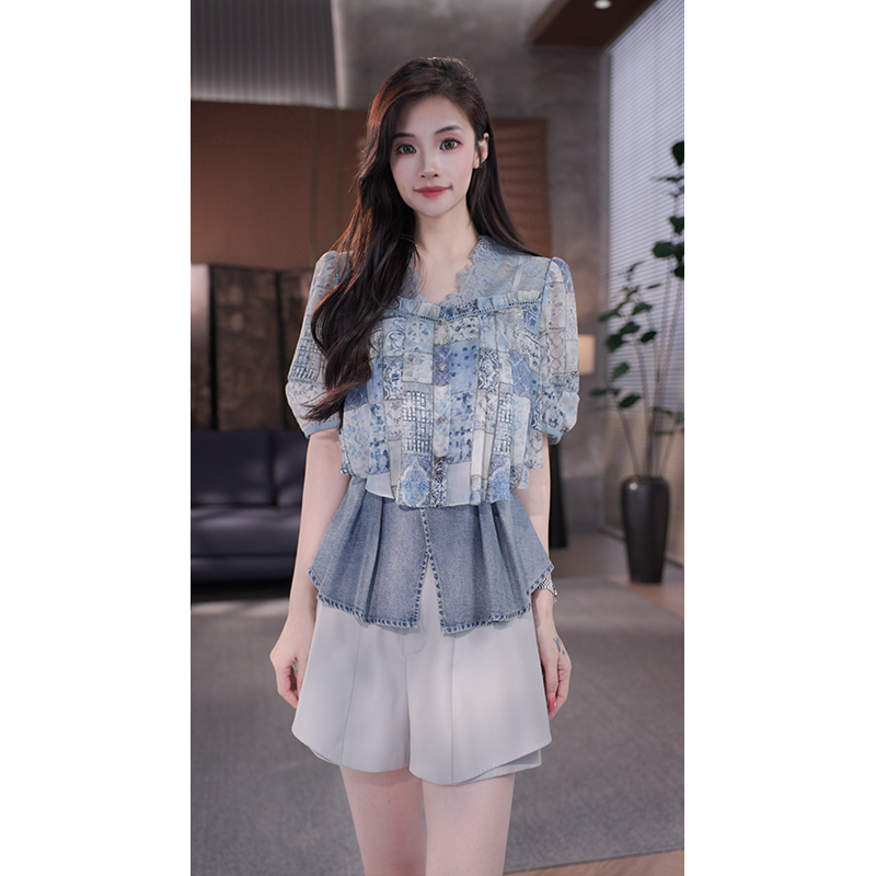 旷宁宁·生如夏花·夏季拼接显瘦时尚设计感小衫上衣女装-122905