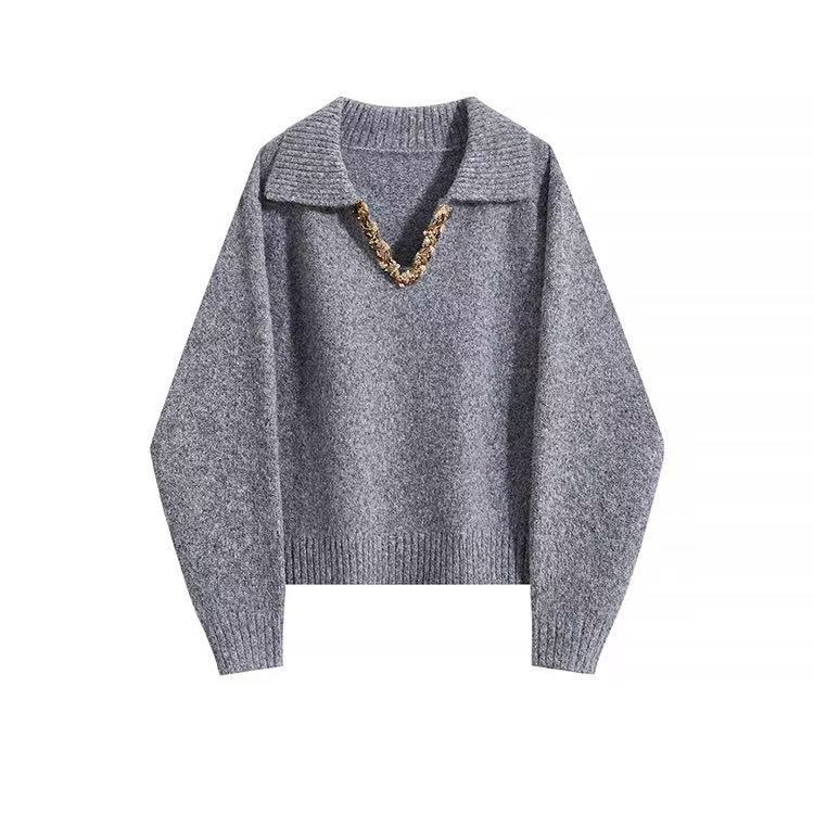 老钱V领亮片翻领针织上衣  BAW30449