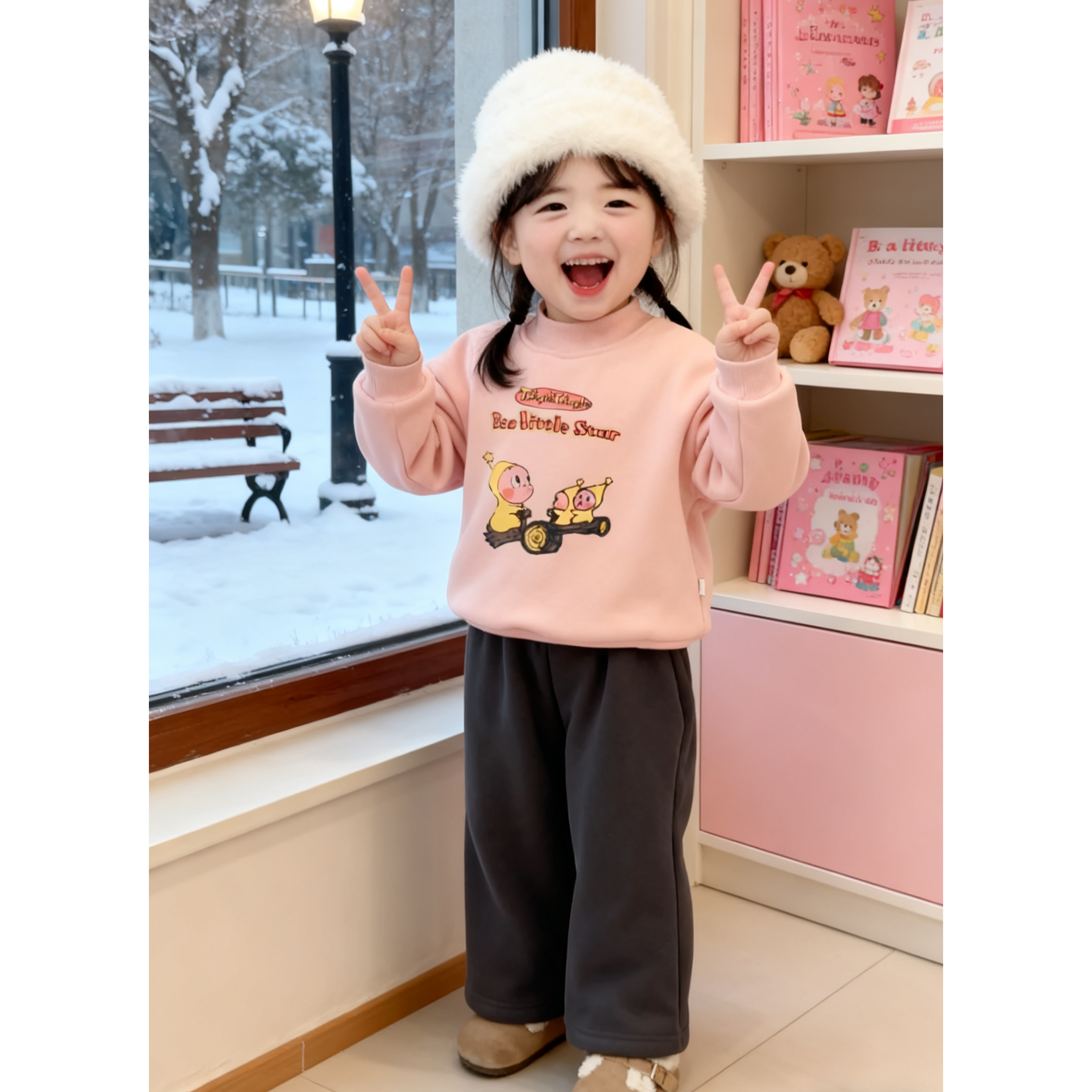 女童加绒加厚星星人卫衣套装韩系男女宝宝卫裤保暖洋气显白百搭款