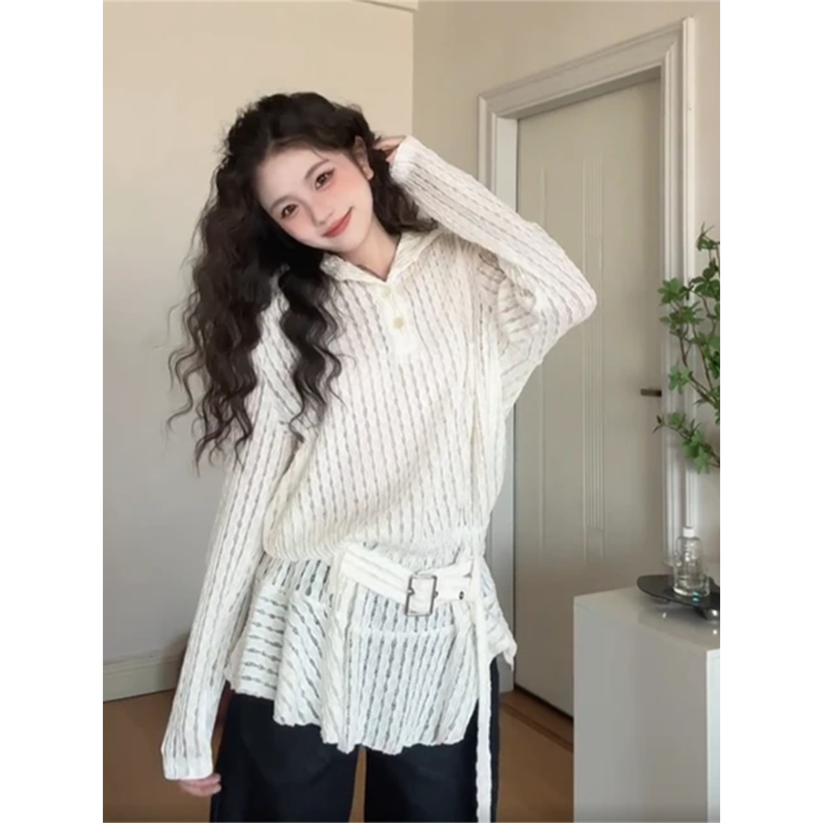 白色蕾丝镂空连帽长袖衬衫女春季设计感小个子宽松荷叶边长袖上衣