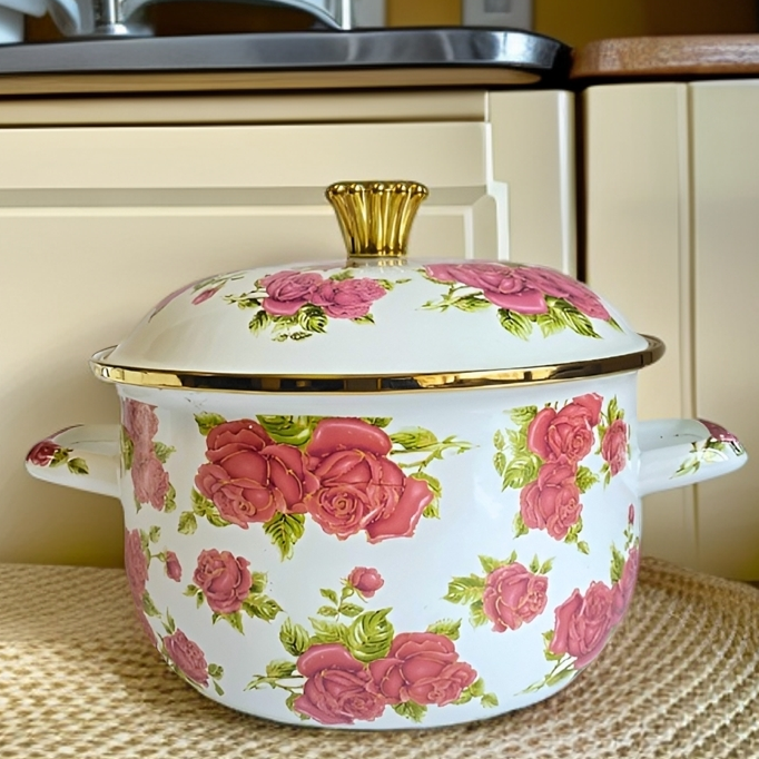 24cm幸福汤锅金玫瑰 珐琅锅汤锅双耳加厚搪瓷家用泡面碗精致煮锅