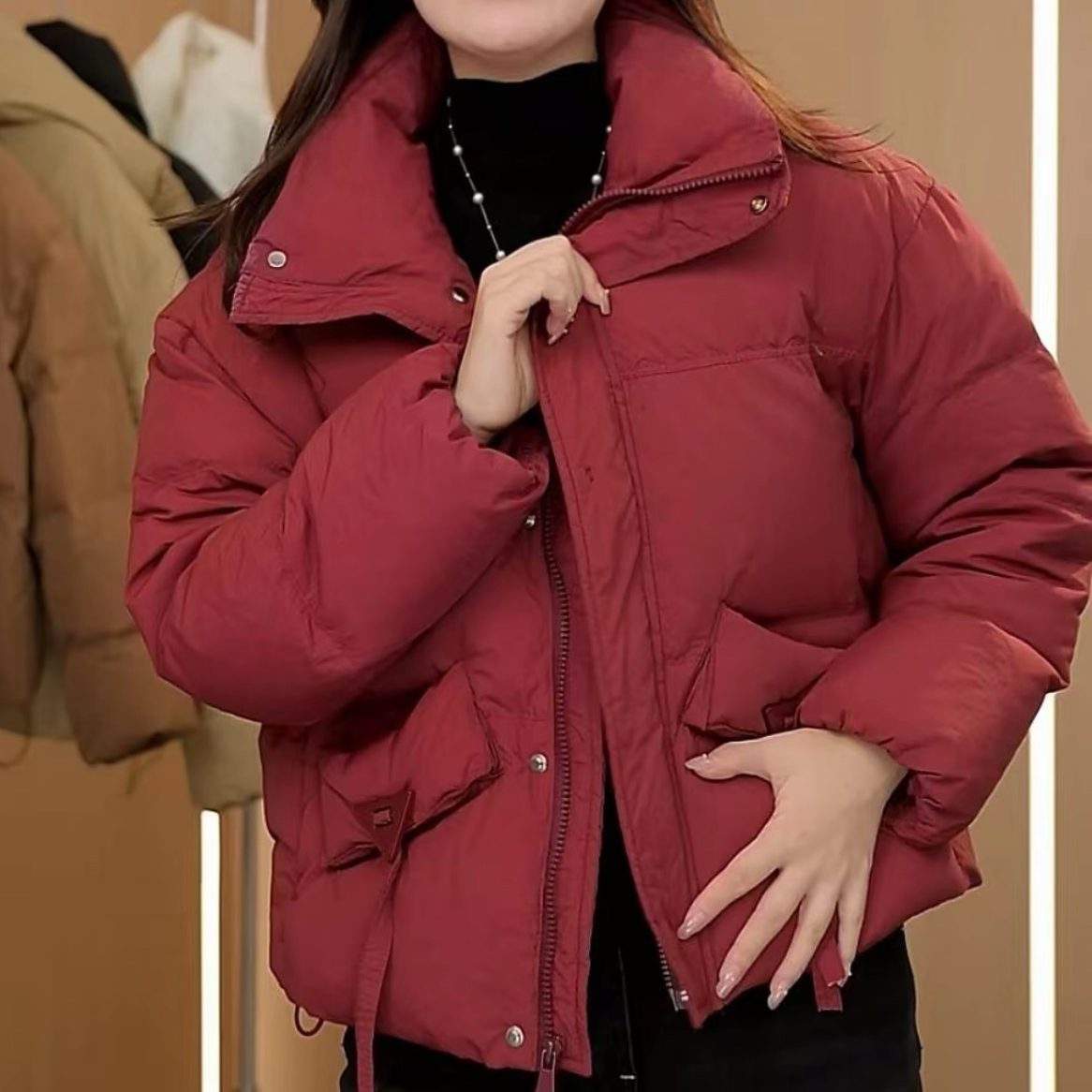 新款白鸭绒羽绒服宽松显瘦大口袋简约安克拉红加厚外套