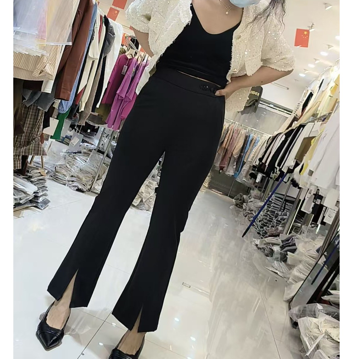 显瘦高腰时尚休闲百搭女士黑色开叉夏季修身微喇叭裤子6179