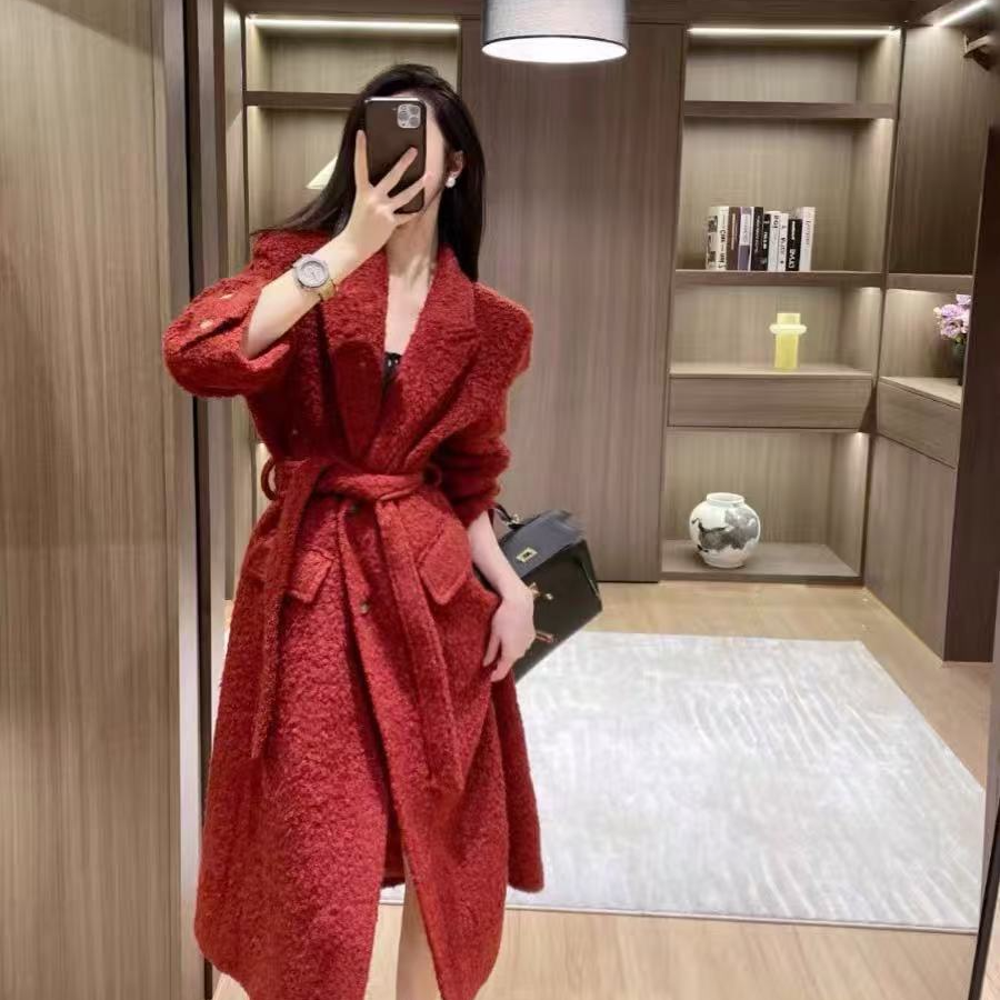 女长款短款长袖厚款翻领大衣秋冬外套网红轻奢女装显瘦宽松