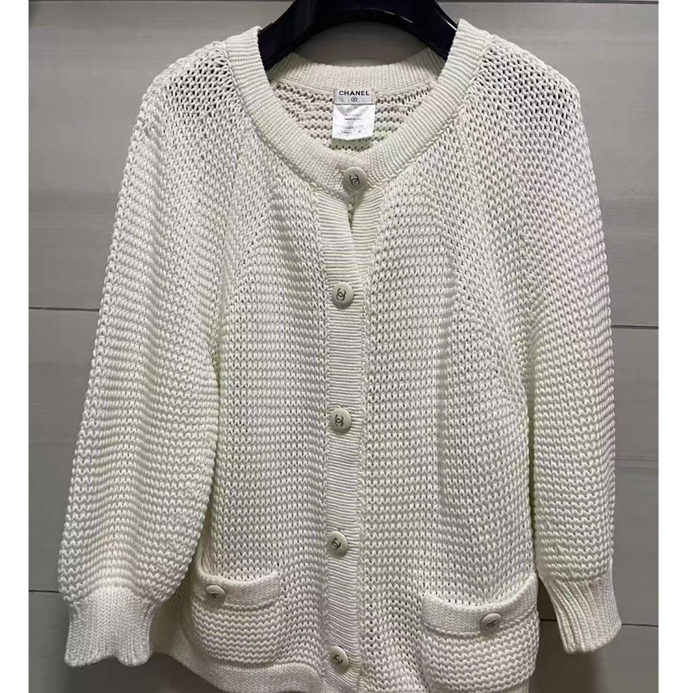 99新 Chanel/香奈儿 13P白色编织泡泡袖毛衣开衫外套 42码