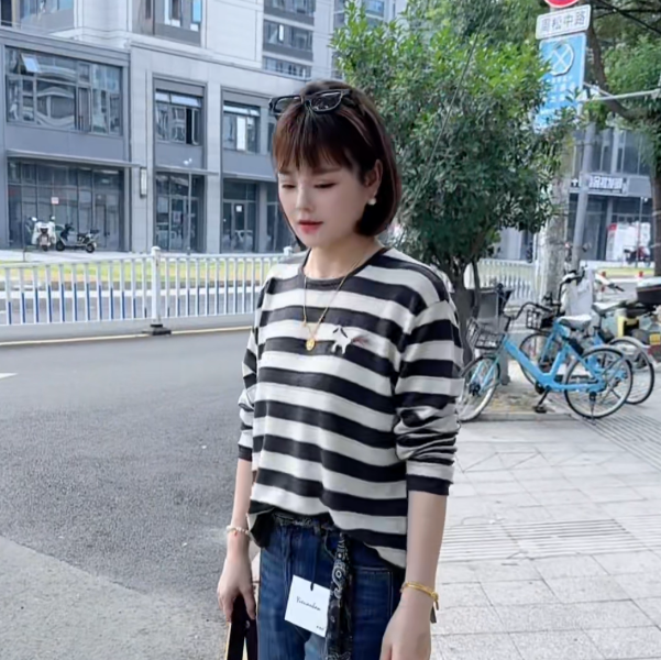 秋季百搭简约刺绣小马条纹圆领针织长袖