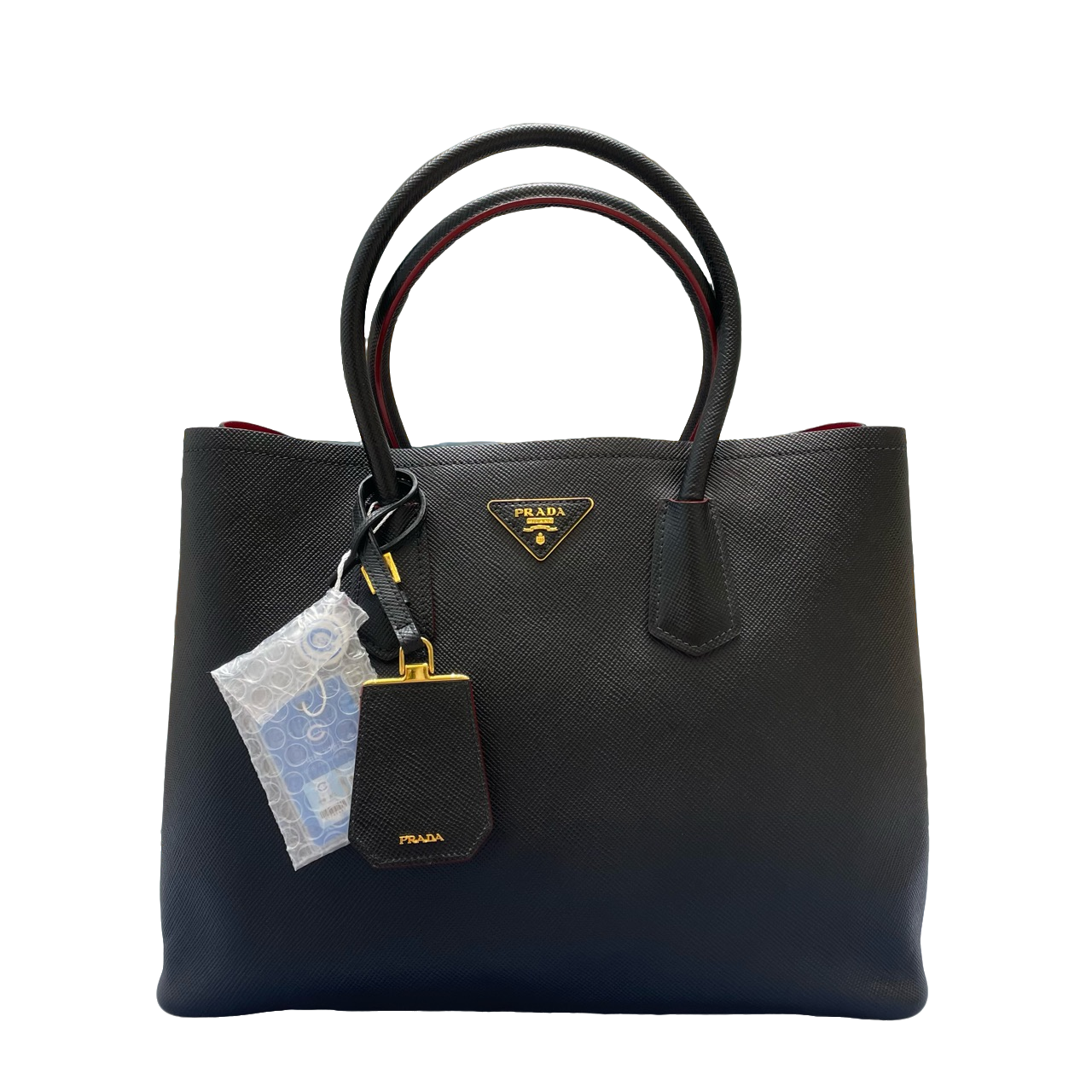 95新 Prada/普拉达 Double中号托特女包 黑色十字纹牛皮