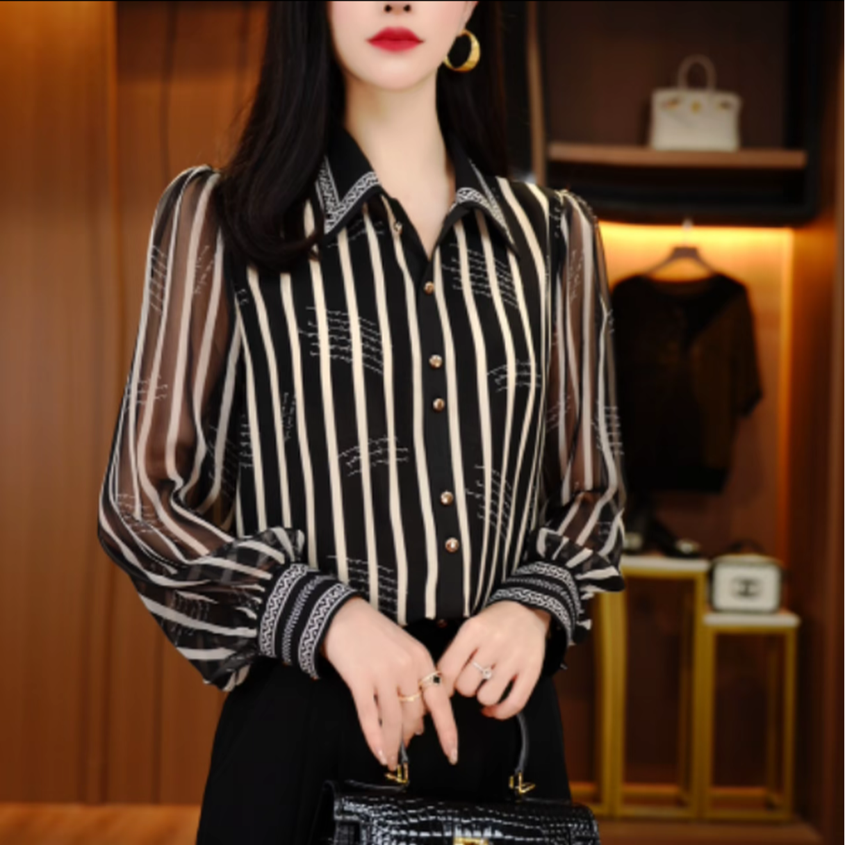 2025年初秋款Polo领条纹格百搭时尚小斑马气质显瘦长袖衬衫0807