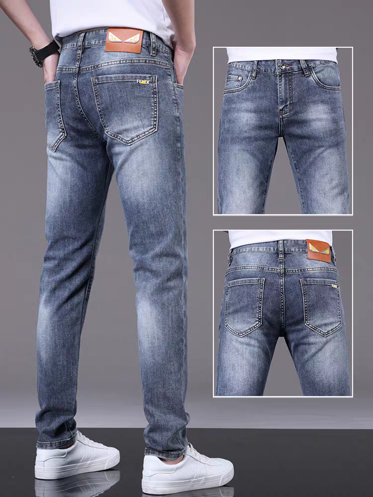 2025雾霾蓝牛仔裤裤子男早秋季款弹力修身欧货潮牌刺绣休闲小脚裤