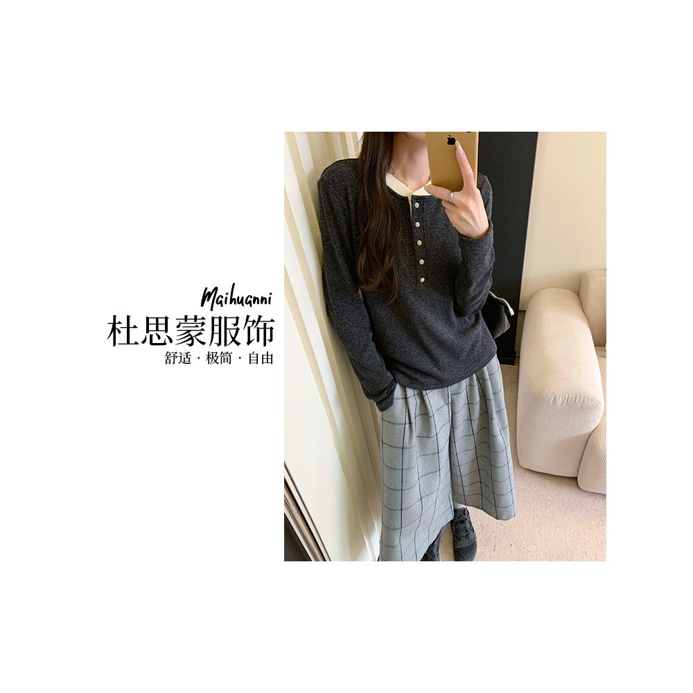 （杜思蒙服饰）25198-【宝藏衣橱】韩系极简纽扣休闲运动女装打底衫