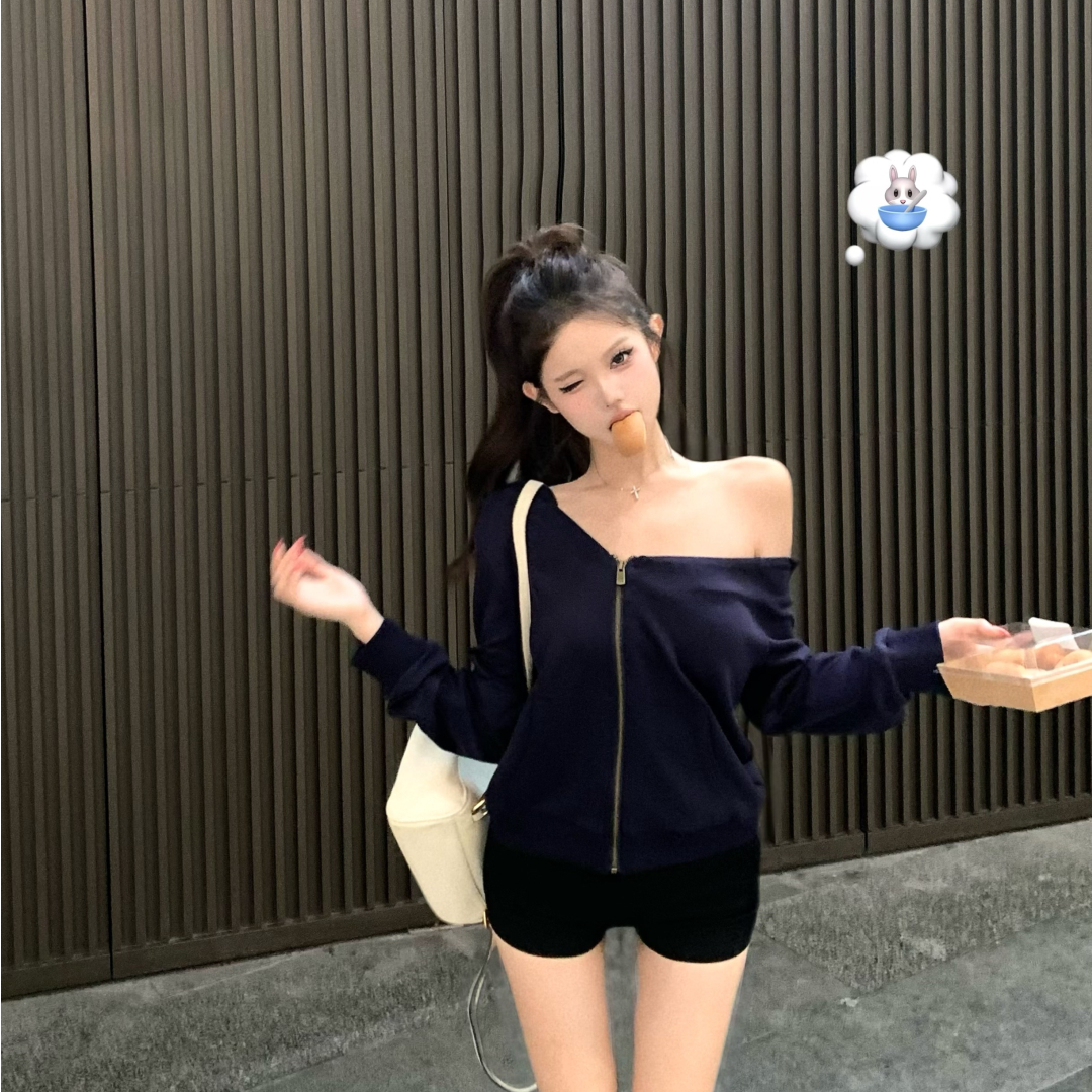 露肩连帽卫衣拉链外套女薄款斜肩短款开衫显瘦百搭叠穿上衣