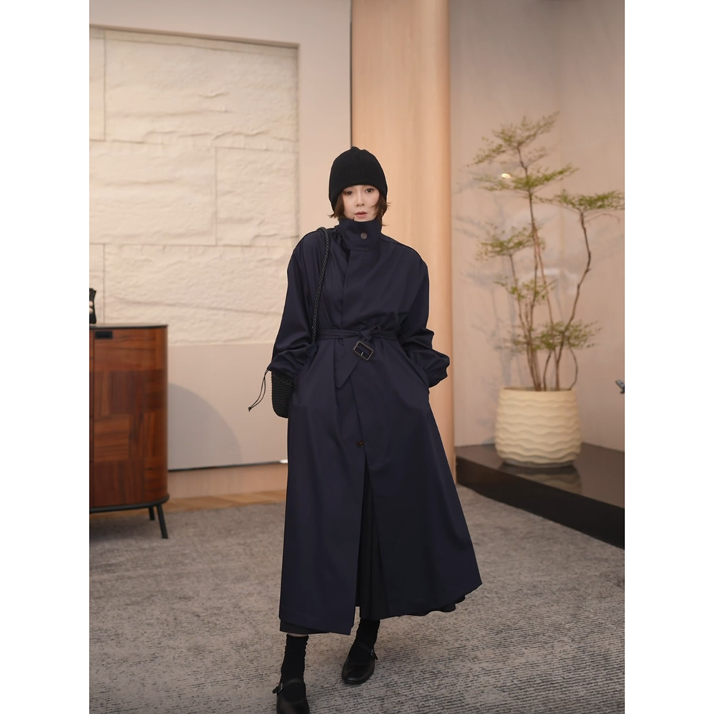 SHIIEELL气质长款束腰显瘦高级感复古藏蓝色绵羊毛长风衣 P0351