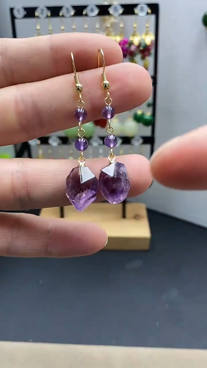 【闪购商品】紫晶耳饰银S925镀金镶嵌随型02